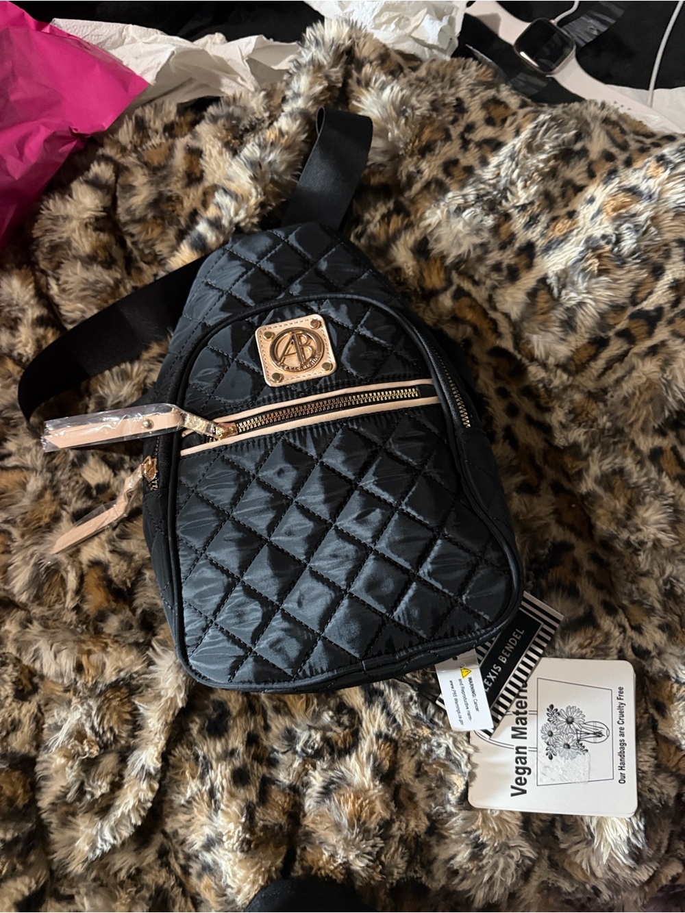 Quilted Black Crossbody Sling Bag with Gold Plate